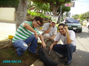 Decks, UngaMan and Alex, changing a flat tire in Nicaragua