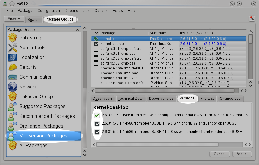 YaST Qt Package Manager with Multiversion Kernel Packages