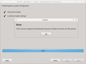 YaST2 Bootloader: root file sytem not found