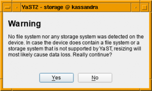 YaST" Expert Partitioning Warning when Resizing Empty Partitions